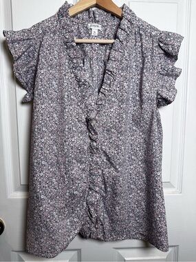 J.Crew Ruffle Neck Floral Cotton Blouse Pink Blue Ditsy Print XL Spring Summer